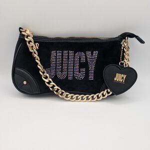 Juicy Couture Black Suede Rhinestone Logo Shoulder Bag | Gold Chain Y2K Revival